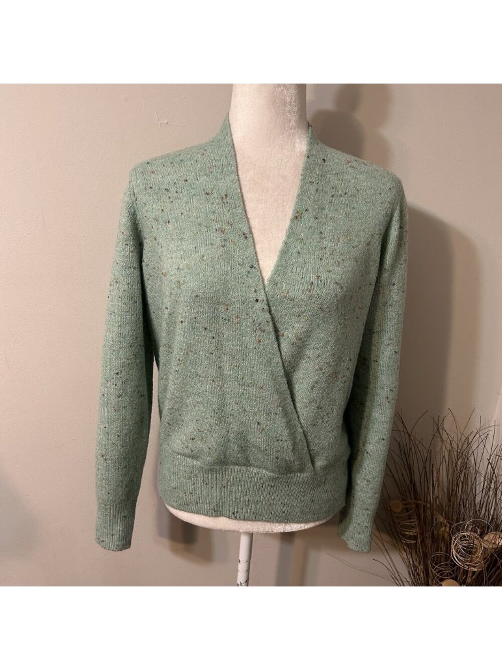 Lucky Brand Women Mint Green Speckled Wrap Sweater V-neck Long Sleeve Sz M